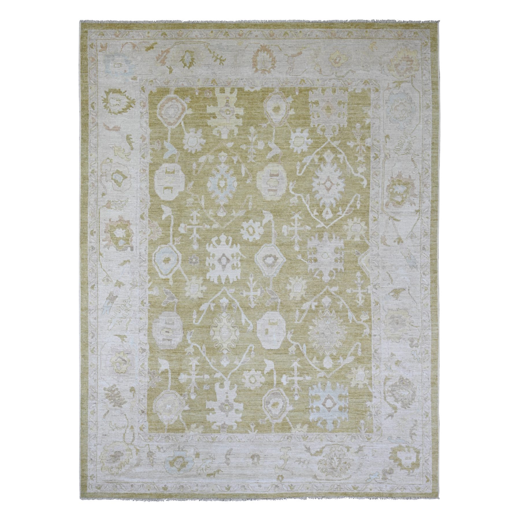 Olive Green, Afghan Angora Oushak with Faded Out Leaf Design, Hand Knotted, 100% Wool, Oriental Rug